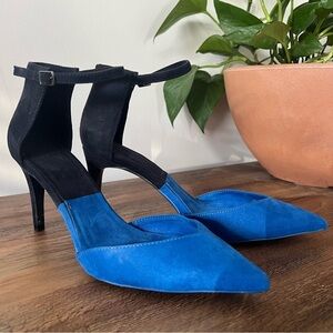 Zara Two-Tone Suede Ankle Strap Pointy Toe 3” Blue Heels